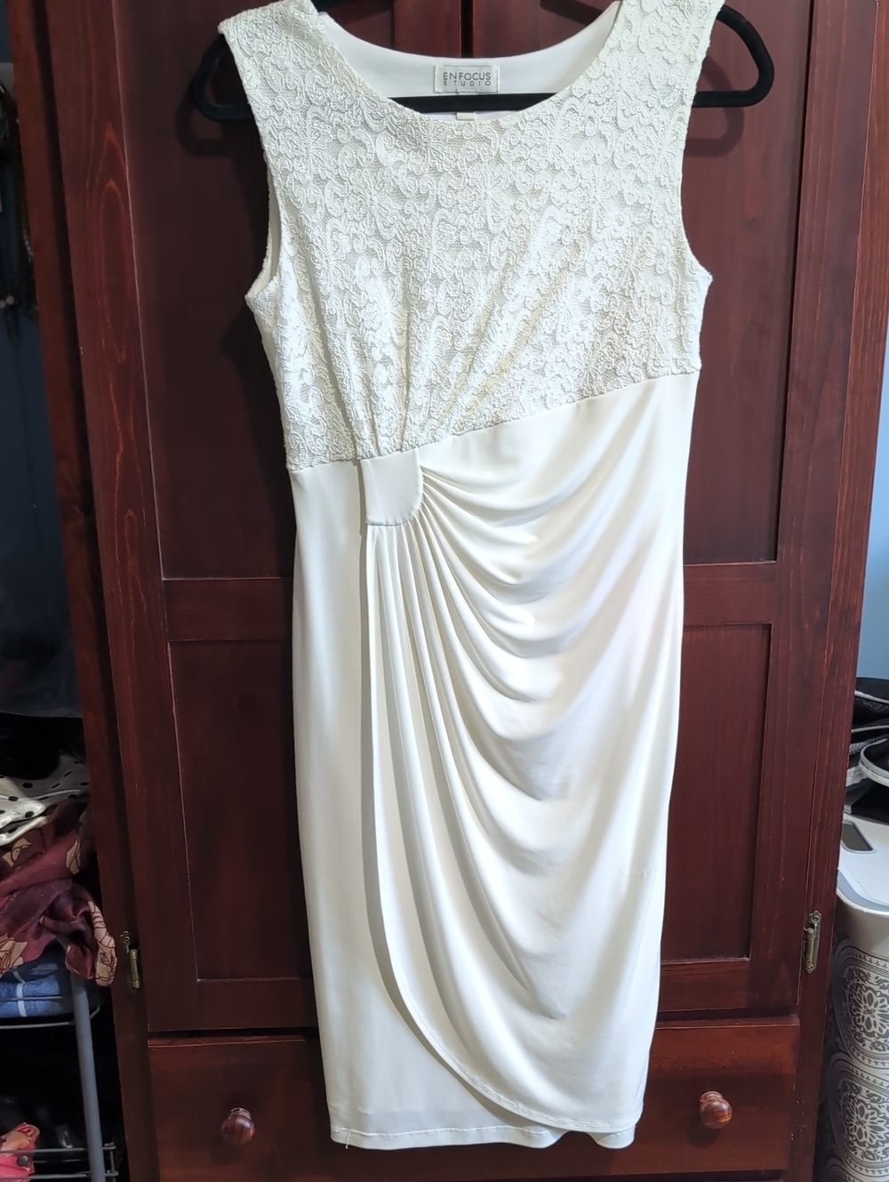 Enfocus Studio Cream Lace Bodice Draped Midi Dress